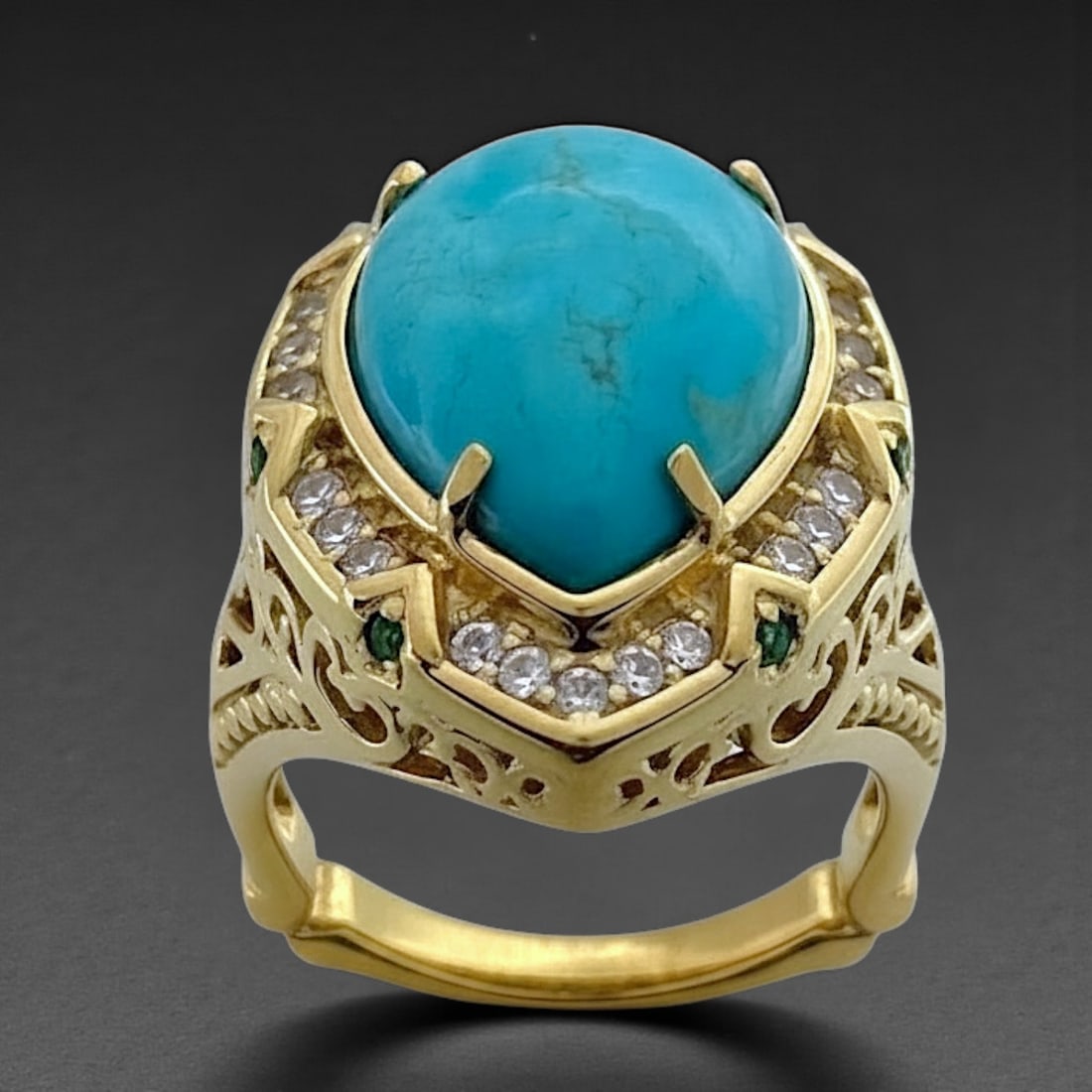 14K over Silver Turquoise & White Topaz Filigree Ring Size7 (1 of 2)