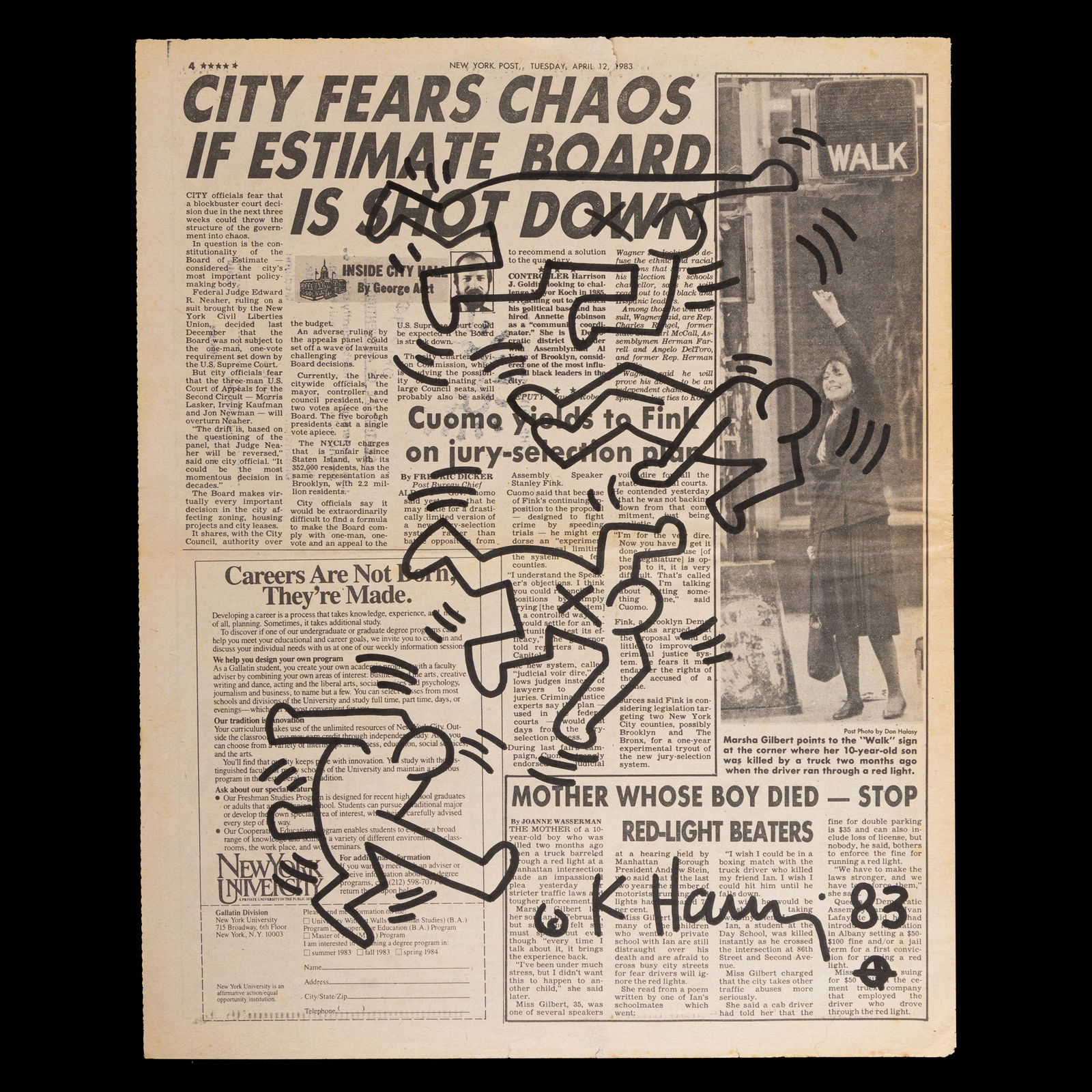 Keith Haring – Marker Drawing on New York Post Page (April 12, 1983): Title: Keith Haring – Marker Drawing on New York Post Page (April 12, 1983) Dimensions: 11.75 x 14.75 inches Medium: Marker on Newspaper Frame: Custom-designed presentation frame Provenance: Consign