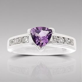 Trillion Amethyst Sterling Silver Ring with White Topaz - Size 7