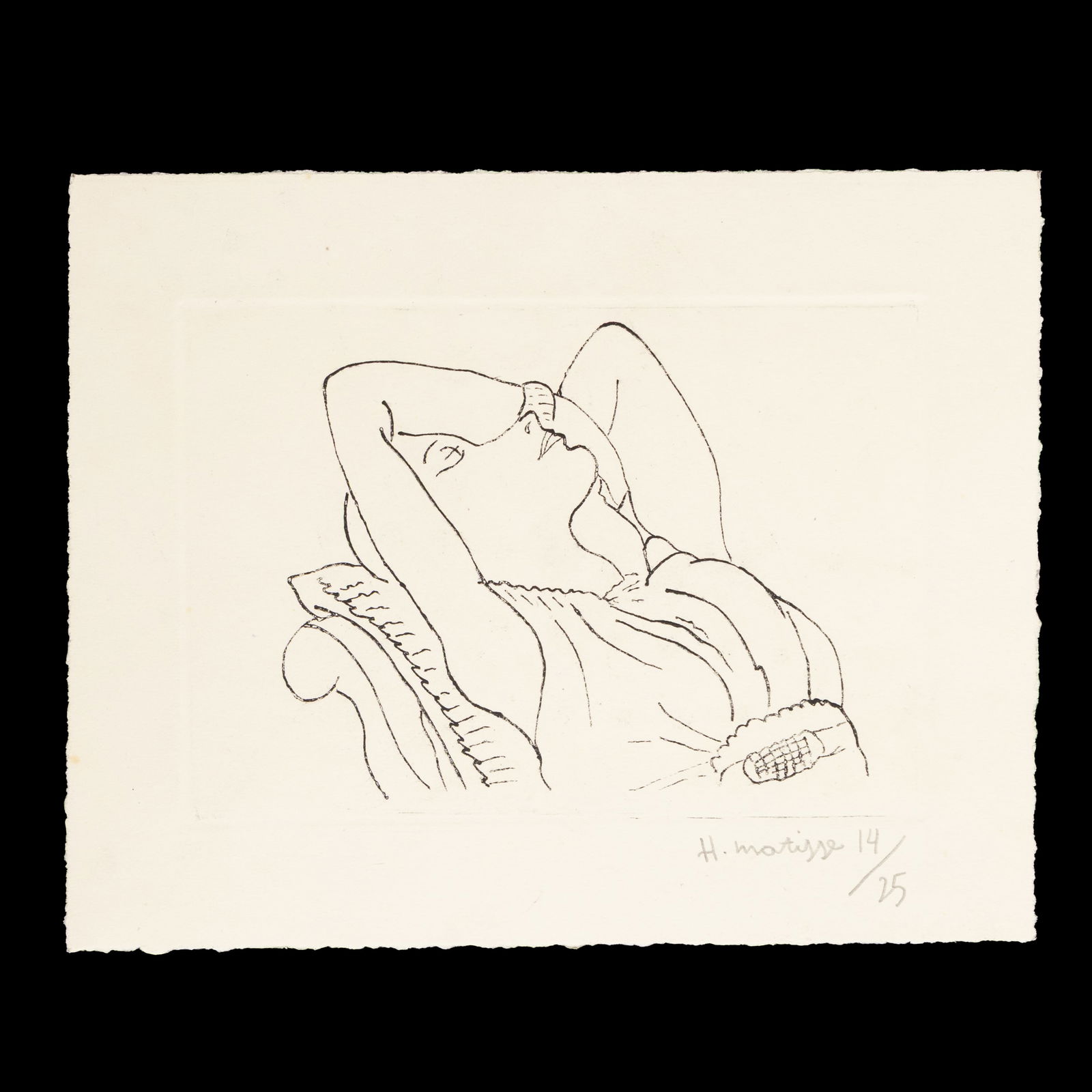 Henri Matisse – Embossed Pressing on Paper (Seated Woman) – Edition 14/25: Title: Henri Matisse – Embossed Pressing on Paper (Seated Woman) – Edition 14/25 Pressing Dimensions: 5.5 x 8 inches Sheet Dimensions: 8.25 x 10.25 inches Medium: Embossed Pressing on Paper Frame: