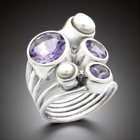Multi Band Amethyst and Freshwater Pearl Statement Ring