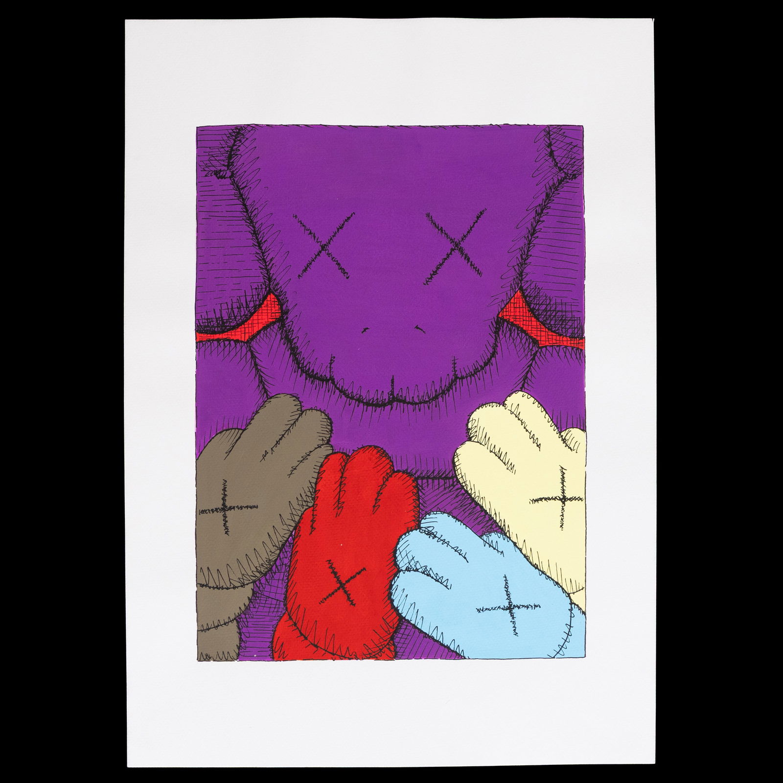 KAWS — Painting on Paper with Companion & Sesame Street Motifs: Title: KAWS — Painting on Paper with Companion & Sesame Street Motifs Medium & Support: Mixed media (paint and marker) on paper Dimensions: 12.5 x 9.5 in (31.8 x 24.1 cm) Front Composition: KAWS Com