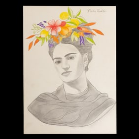 Frida Kahlo – Mixed Media Drawing on Paper (Portrait with Floral Headpiece)