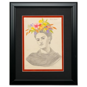 Frida Kahlo – Mixed Media Drawing on Paper (Portrait with Floral Headpiece)