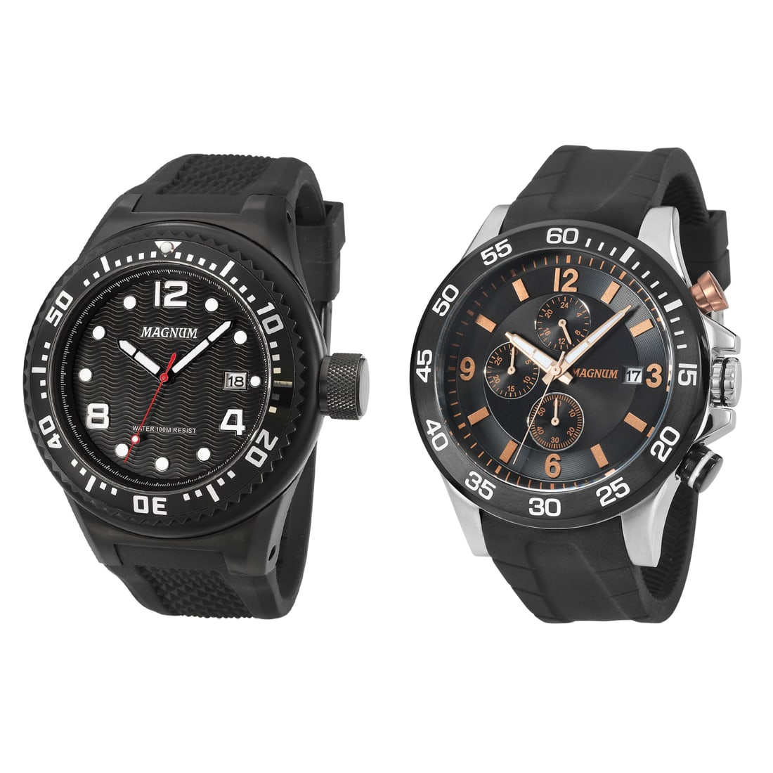 Magnum Watches – The Minder & The Speedster: This dynamic duo includes the Magnum Minder, a distinctive men’s watch featuring a 38mm dial window, 17mm tall multi-body case, screw-down crown, and a "Wave" textured dial with date and rotatin