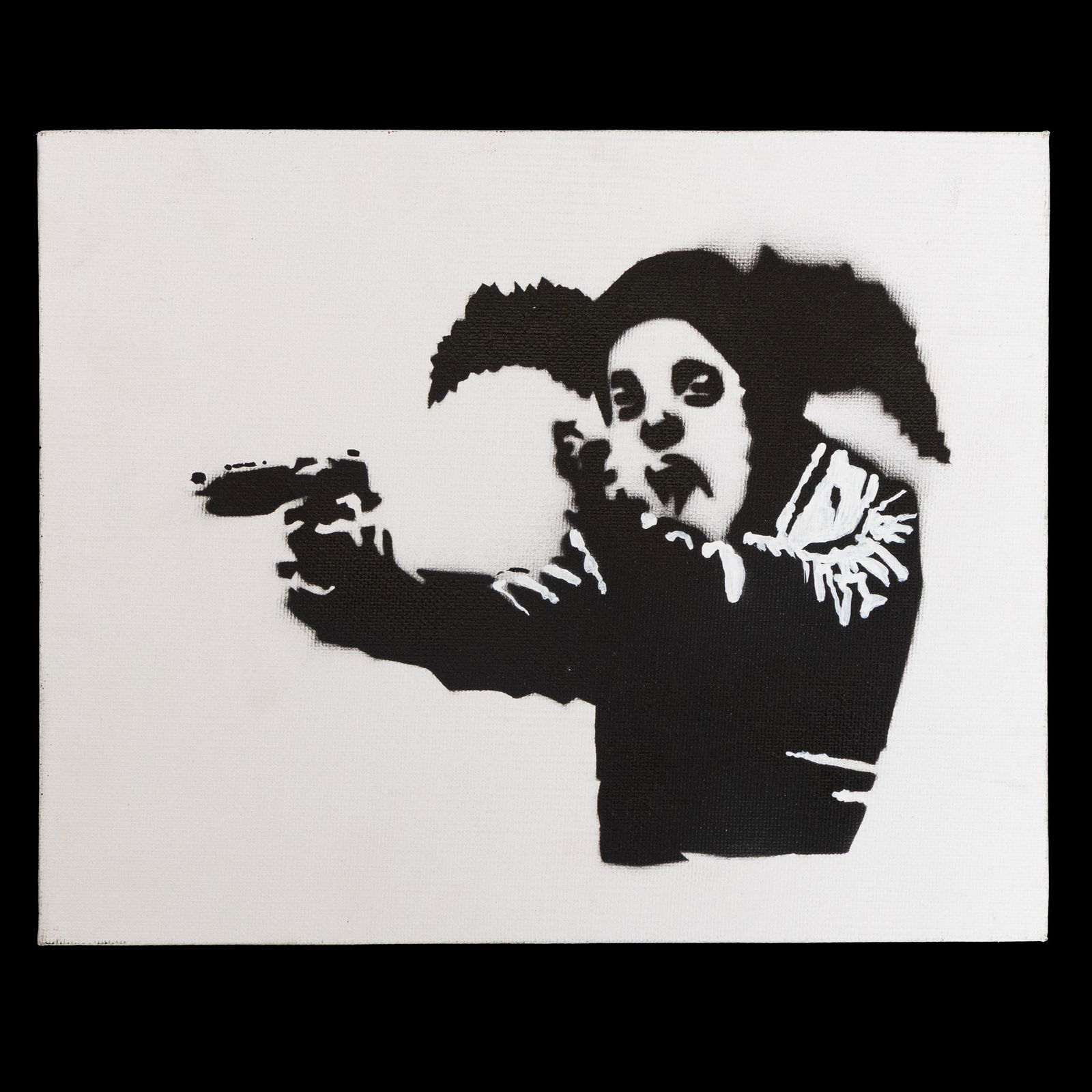 Banksy “Insane Clown” (Painting on Canvas Board)**(after): Title: Banksy — “Insane Clown” (Painting on Canvas Board) (after) Medium & Support: Black-and-white stencil-style painting on canvas board Dimensions: 8 x 10 in (20.3 x 25.4 cm) Title: Insan