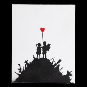 Banksy “Kids on Guns” (Red Heart Balloon) — Black & White Painting on Canvas Board