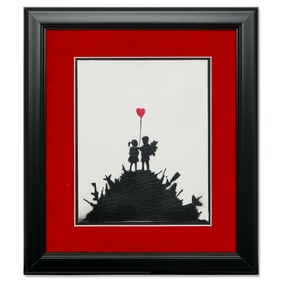 Banksy “Kids on Guns” (Red Heart Balloon) — Black & White Painting on Canvas Board