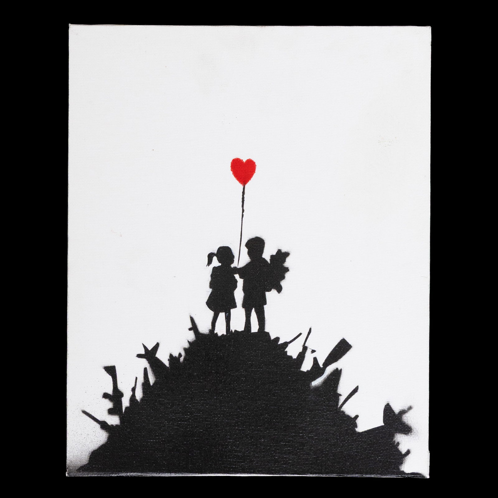 Banksy “Kids on Guns” (Red Heart Balloon) — Black & White Painting on Canvas Board (1 of 6)