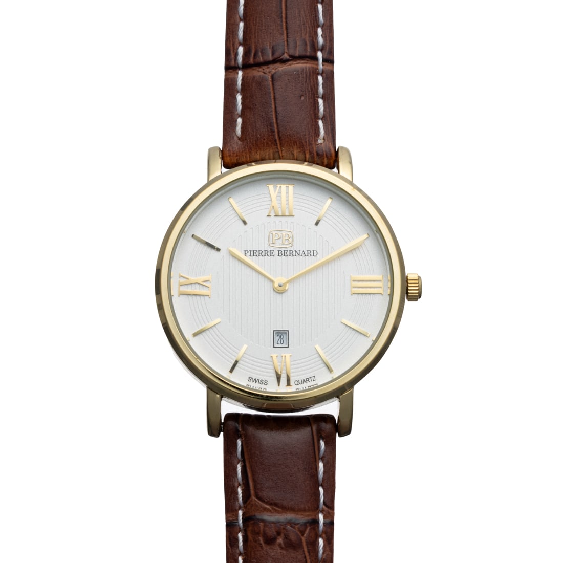 Pierre Bernard Ladies Watch: This refined Pierre Bernard ladies watch features a 34mm polished case powered by reliable Swiss quartz movement. The clean, classic dial pairs beautifully with a brown leather strap, offering everyda