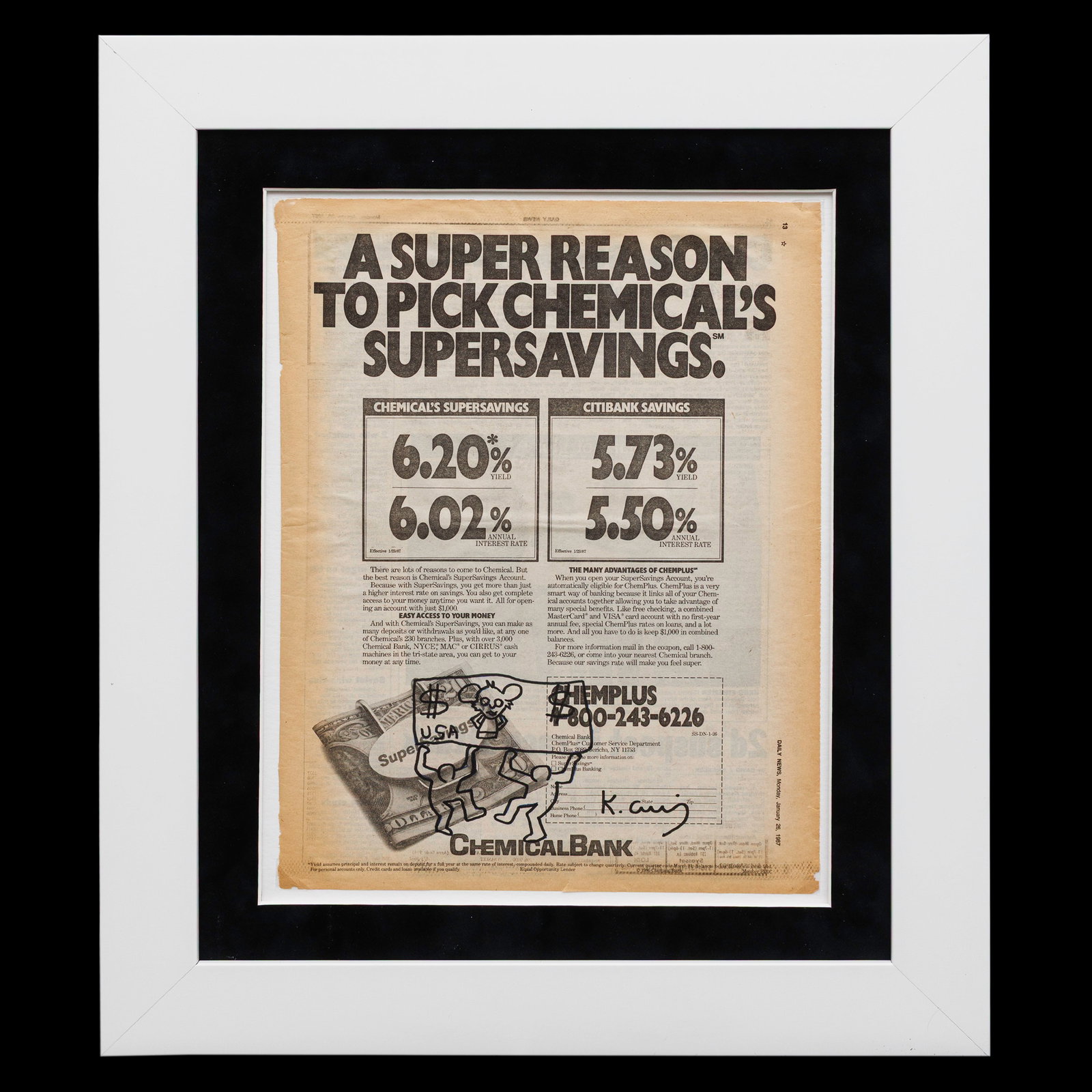 Rare Keith Haring Newspaper Art Featuring "Andy Mouse Dollar": Title: Rare Keith Haring Newspaper Art Featuring "Andy Mouse Dollar" Description: We are pleased to offer a distinctive piece of art history: an original newspaper page from the New York Daily News, d