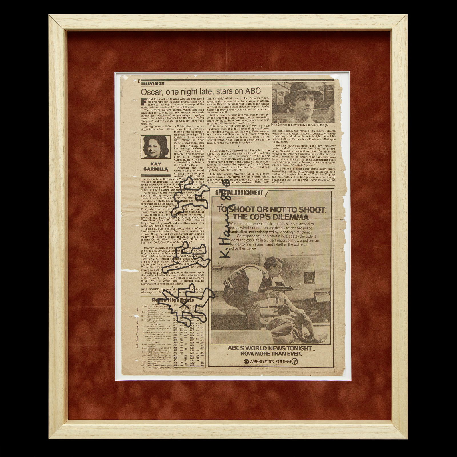 Keith Haring Artwork on New York Daily News (March 1981): Title: Iconic Keith Haring Artwork from the New York Daily News, March 1981 Overview: Dimensions:** 14.75 x 11 inches. Provenance: Consigned by the esteemed D'Haese family, renowned sculptors from Bel