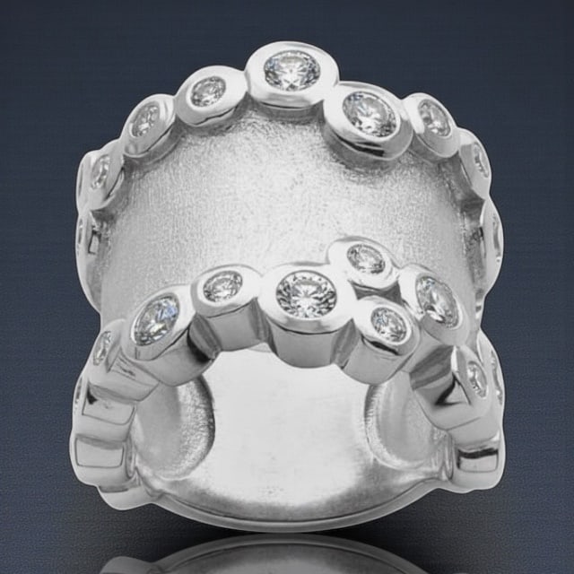 Wild Modern Brushed Finish White Topaz Bubble Band – Size 7: Product Details Item: Ring Metal: Sterling Silver Gemstone: White Topaz Approximate Measurements: W-20.4mm Ring Size: 7 Chain Length: Not Applicable Chain Metal: Not Applicable NO RE
