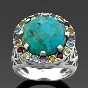Multi Gemstone and Turquoise Sterling Silver Halo Ring – Size 7