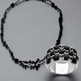 Black Onyx Ring (SZ 7) & Black Agate Bead Necklace Silver Set