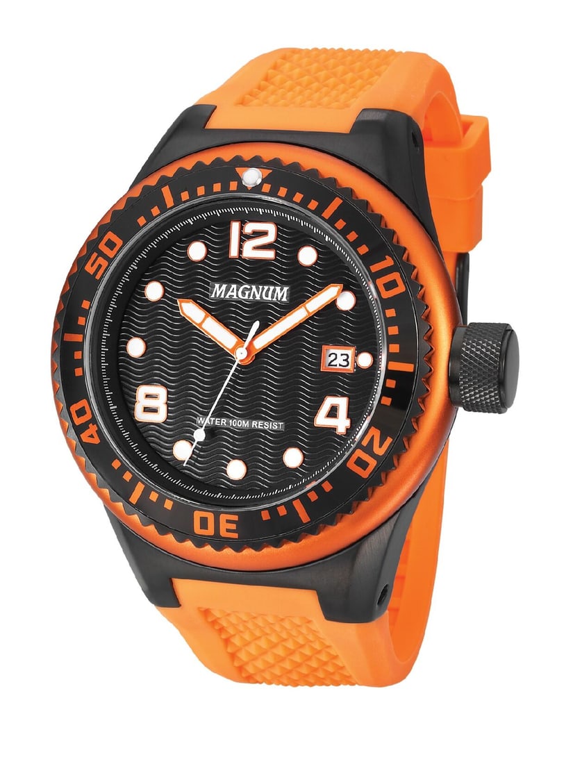 52 mm Men's Magnum Minder Quartz Watch: The Magnum Minder is a Men's 38mm Dial window watch with a 17mm tall case and screw down crown. The 3 hand and date dial sports a "Wave" Textured feature opening to a large rotating bezel. The case is