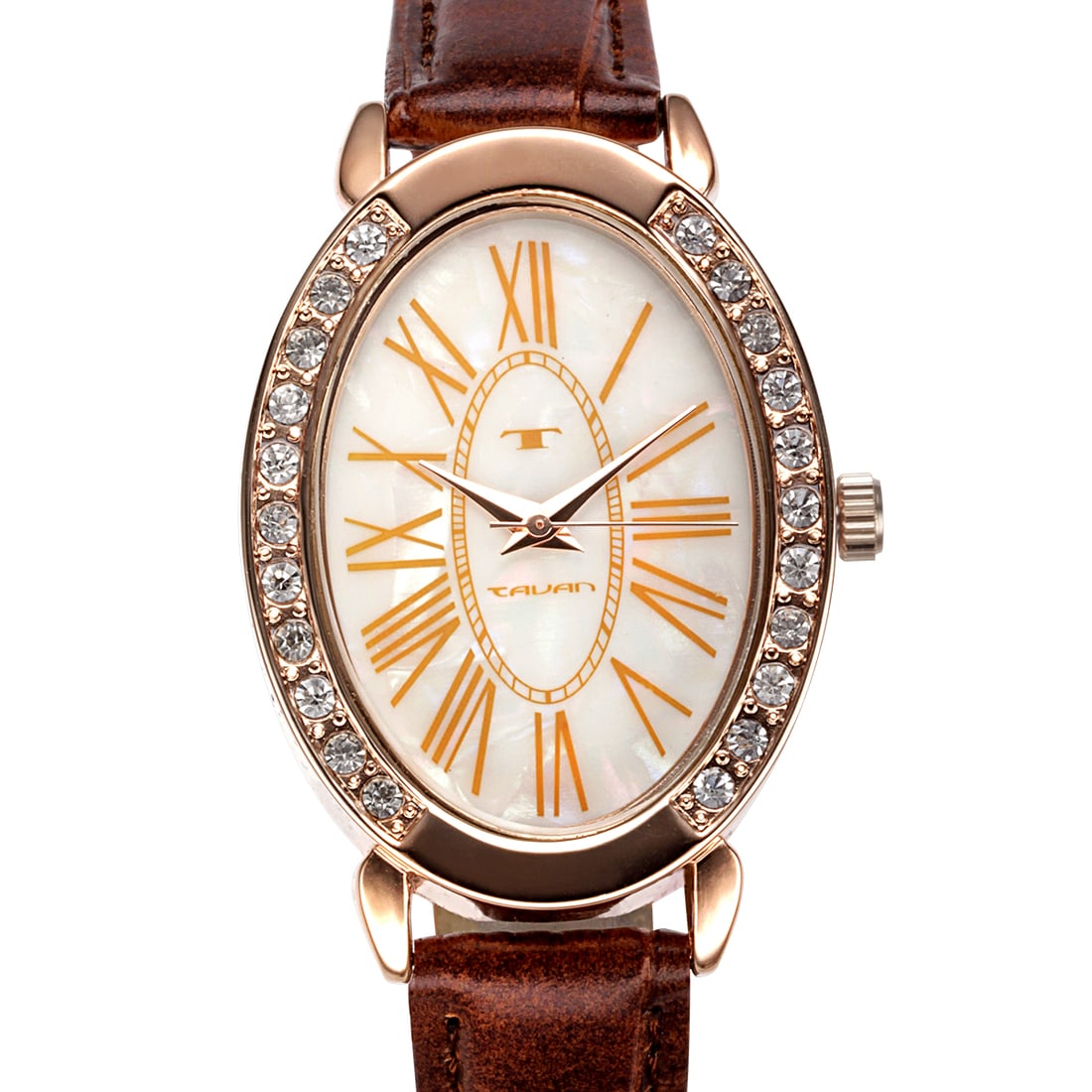 Tavan Ladies Watch – Goldtone Case with MOP Dial: This elegant Tavan ladies watch pairs a luminous Mother of Pearl dial with classic Roman numeral hour markers for a timeless look. The goldtone case adds a refined touch, while the brown leather strap