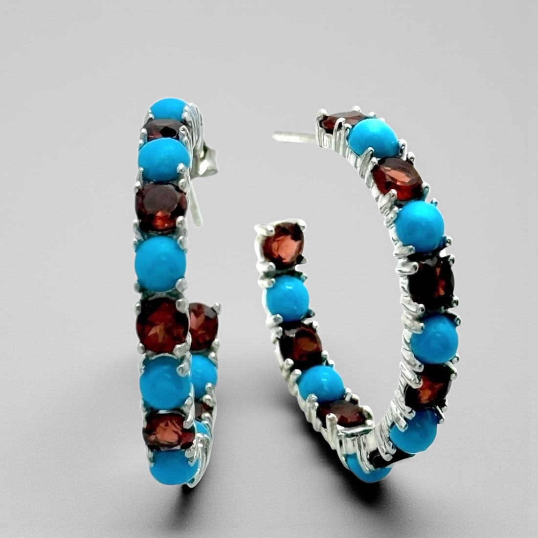 Turquoise and Garnet Sterling Silver 29 mm Hoop Earrings (1 of 1)