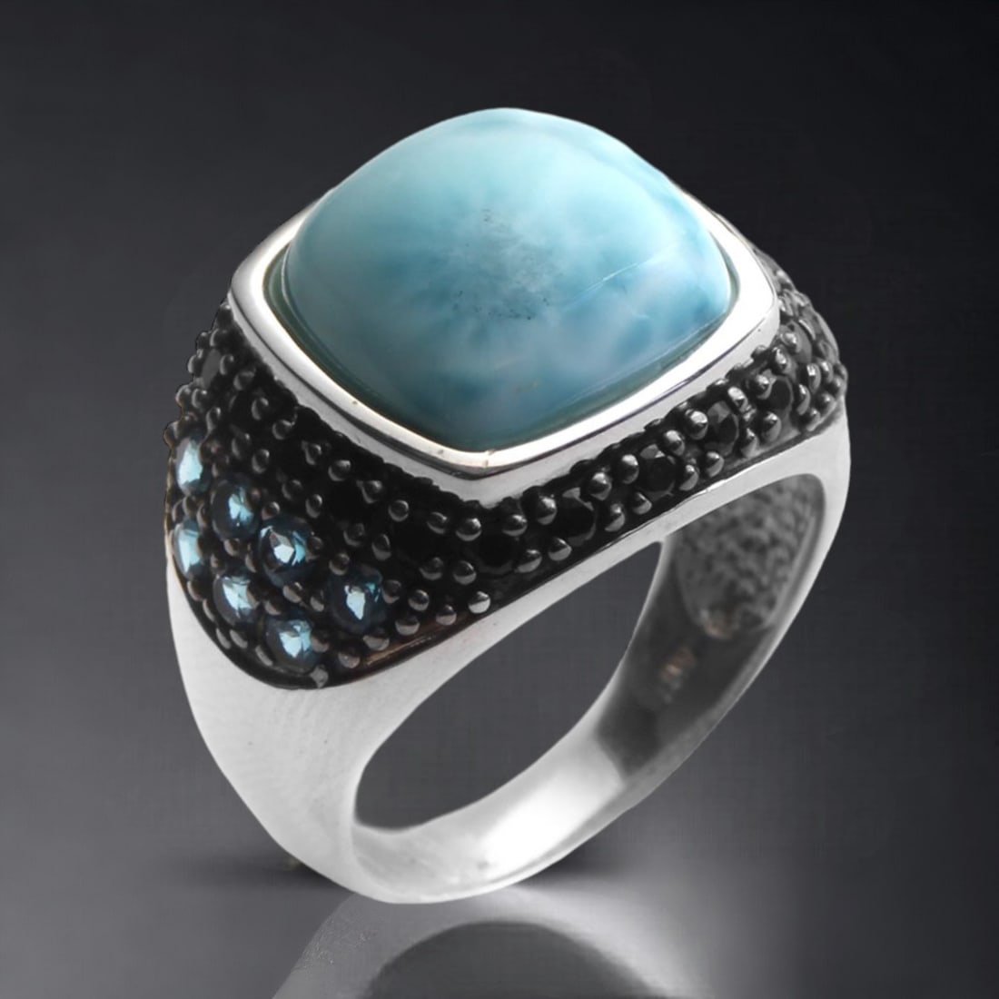 Larimar & Blue Topaz Silver Ring with Black Spinel - Size 6: Larimar: 12 mm X 12 mm London Blue Topaz: 14 stones each 2 mm round Black Spinel: 20 stones each 1.75 mm round Product Details Item: Ring Metal: Sterling Silver Gemstone: Larimar, London Blue Topaz, &
