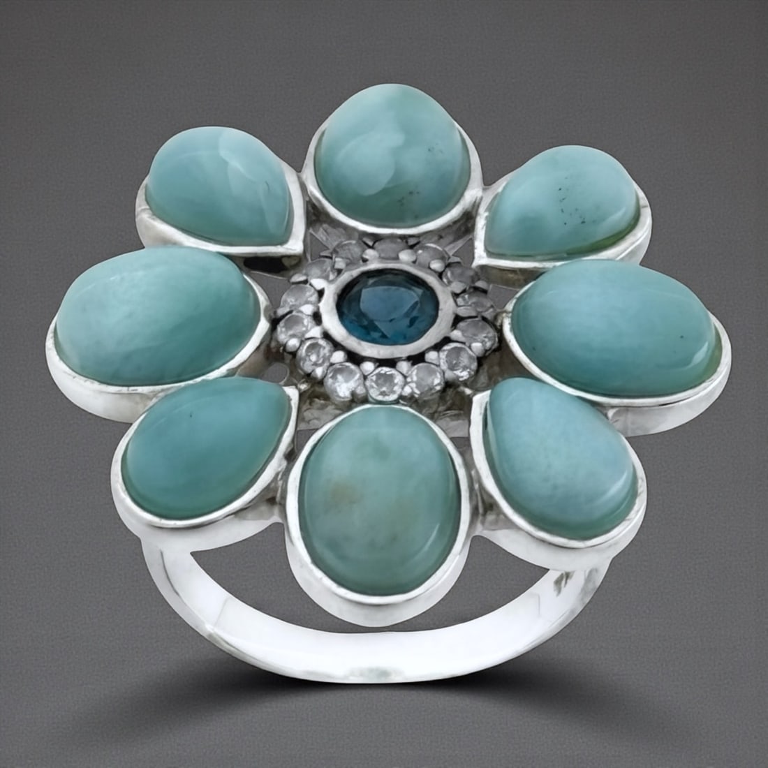 Flower Ring Sterling Silver with Larimar & Blue Topaz Gems - Size 7 (1 of 2)