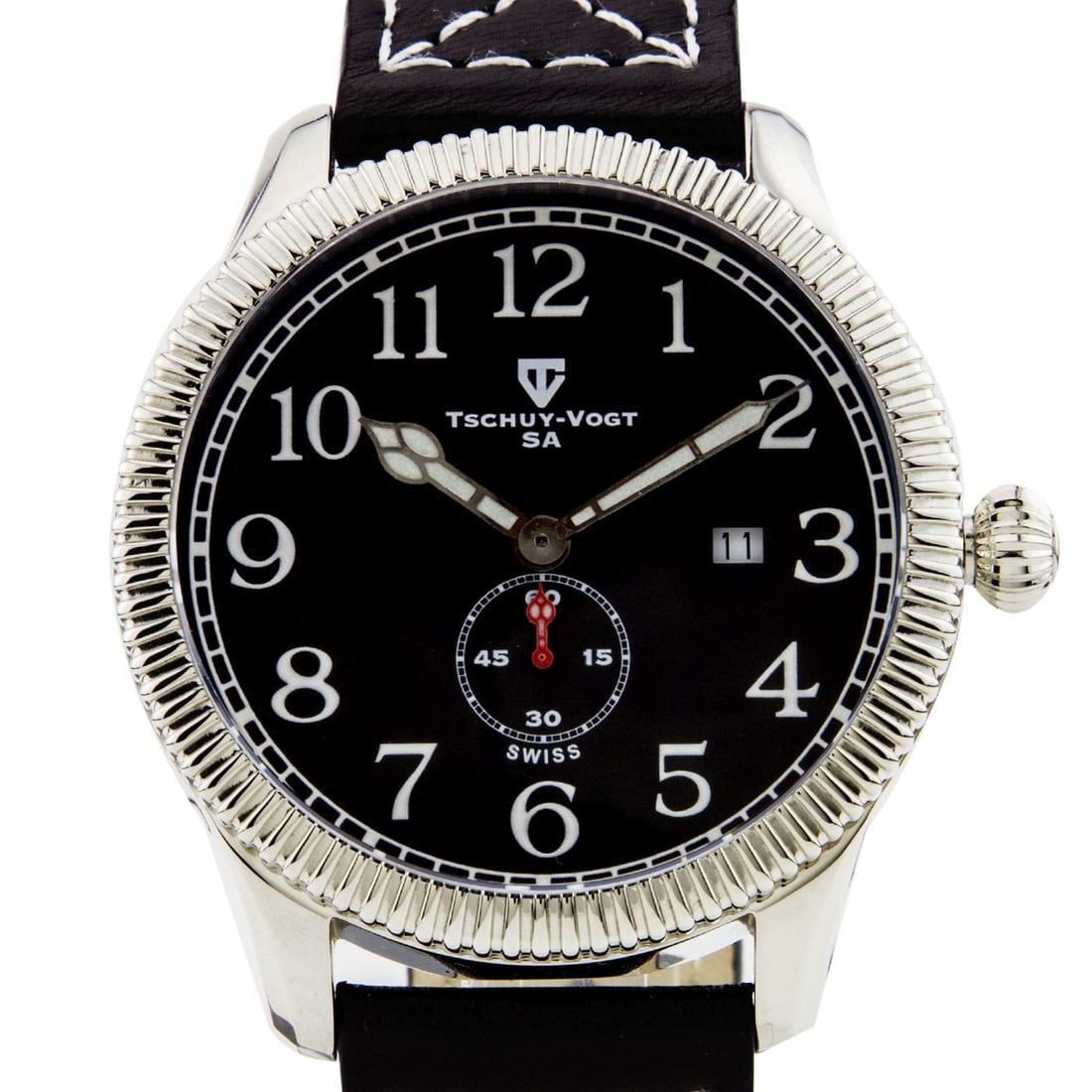 Tschuy-Vogt A24 Swiss 45mm Case Cavalier Mens Watch: Swiss Military Style Design - 45mm stainless steel case with a Swiss Ronda 6004.D Movement, and sapphire-coated crystal. Water-resistant up to 10 ATM. A perfect vintage military style watch.