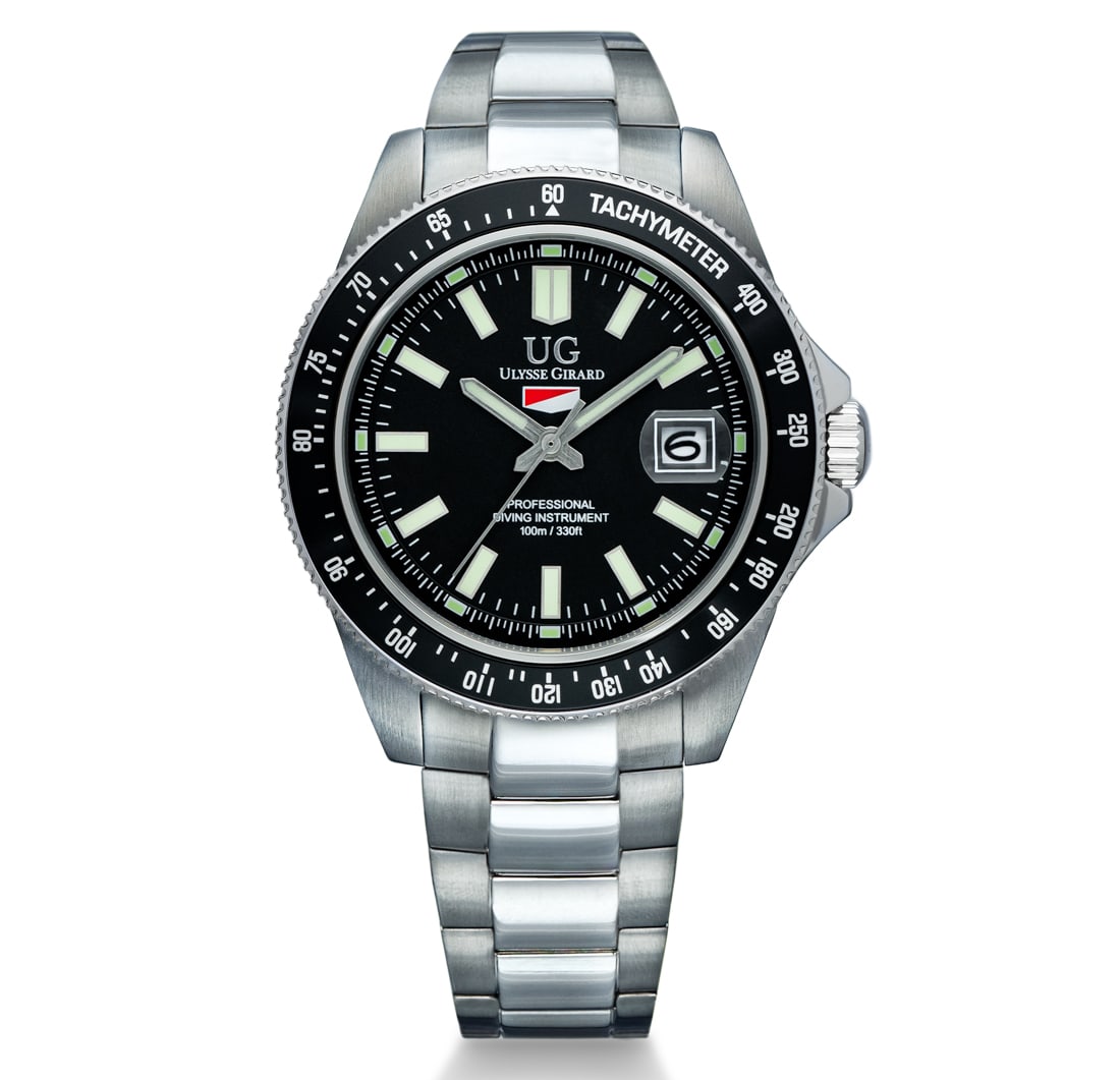 Ulysse Girard - Marlin Collection - Black Dial & Black Bezel: Engineered for precision and endurance, the Ulysse Girard Marlin Collection combines classic dive-watch styling with professional functionality. Featuring a stainless-steel case, tachymeter bezel, & l