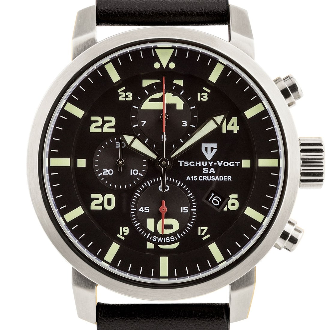 Tschuy-Vogt Crusader 46mm Case Swiss Chrono Watch: The Tschuy-Vogt Crusader delivers precision and military-inspired design with its Swiss Ronda 3540.D chronograph movement. Housed in a robust 46mm stainless steel case, it features a matte-finished di