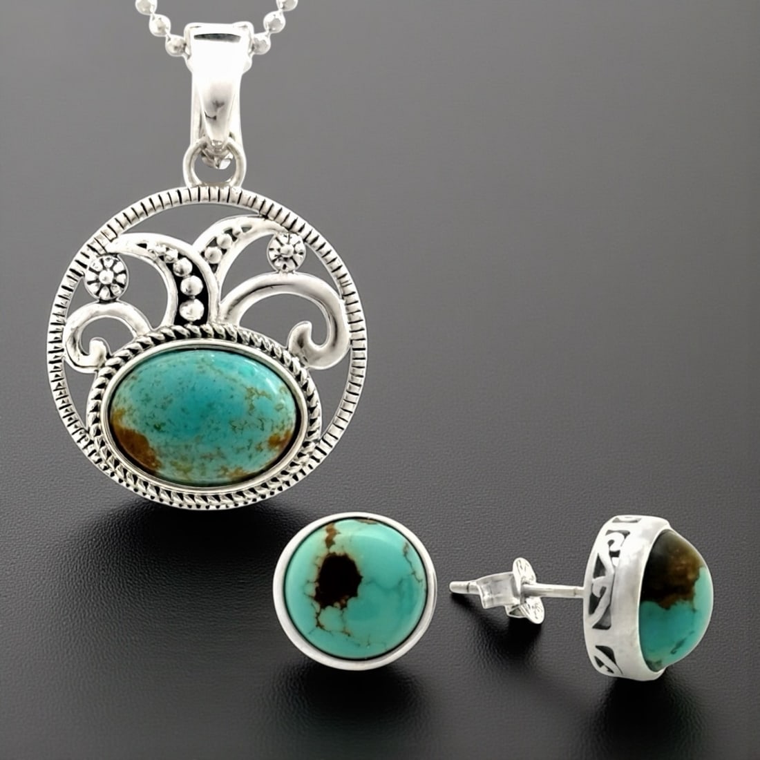 Sterling Silver Turquoise Pendant and Stud Earrings Set (1 of 2)