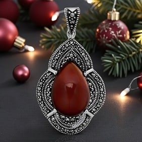 Carnelian & Marcasite Victorian Style Silver Pendant