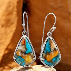 Southwestern Mosaic Spiny Oyster & Turquoise Silver Earrings