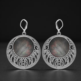 Black Mother of Pearl Filigree Disc Sterling Silver Earrings