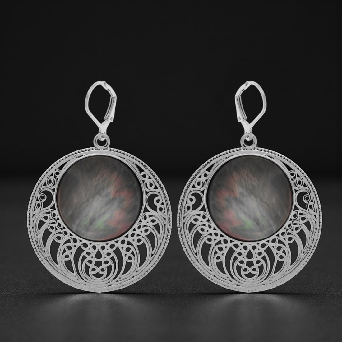 Black Mother of Pearl Filigree Disc Sterling Silver Earrings (1 of 1)