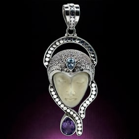 Multi Gemstone Balinese Artisan Carved Face Goddess Silver Pendant