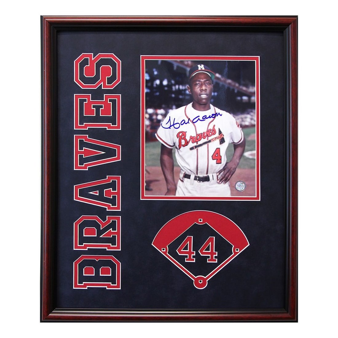 Hank Aaron Atlanta Braves Signed Photo: Hank Aaron Atlanta Braves Signed 8x10 – Museum Quality Custom Designed Frame (22x18). We are proud to present an exceptional piece of sports memorabilia with significant historical value - a Han