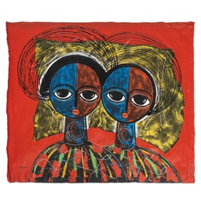 Magezi Clovis (Uganda) — Three Figures, Red & Blue Faces on Multicolor Field