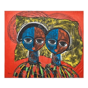 Magezi Clovis (Uganda) — Three Figures, Red & Blue Faces on Multicolor Field