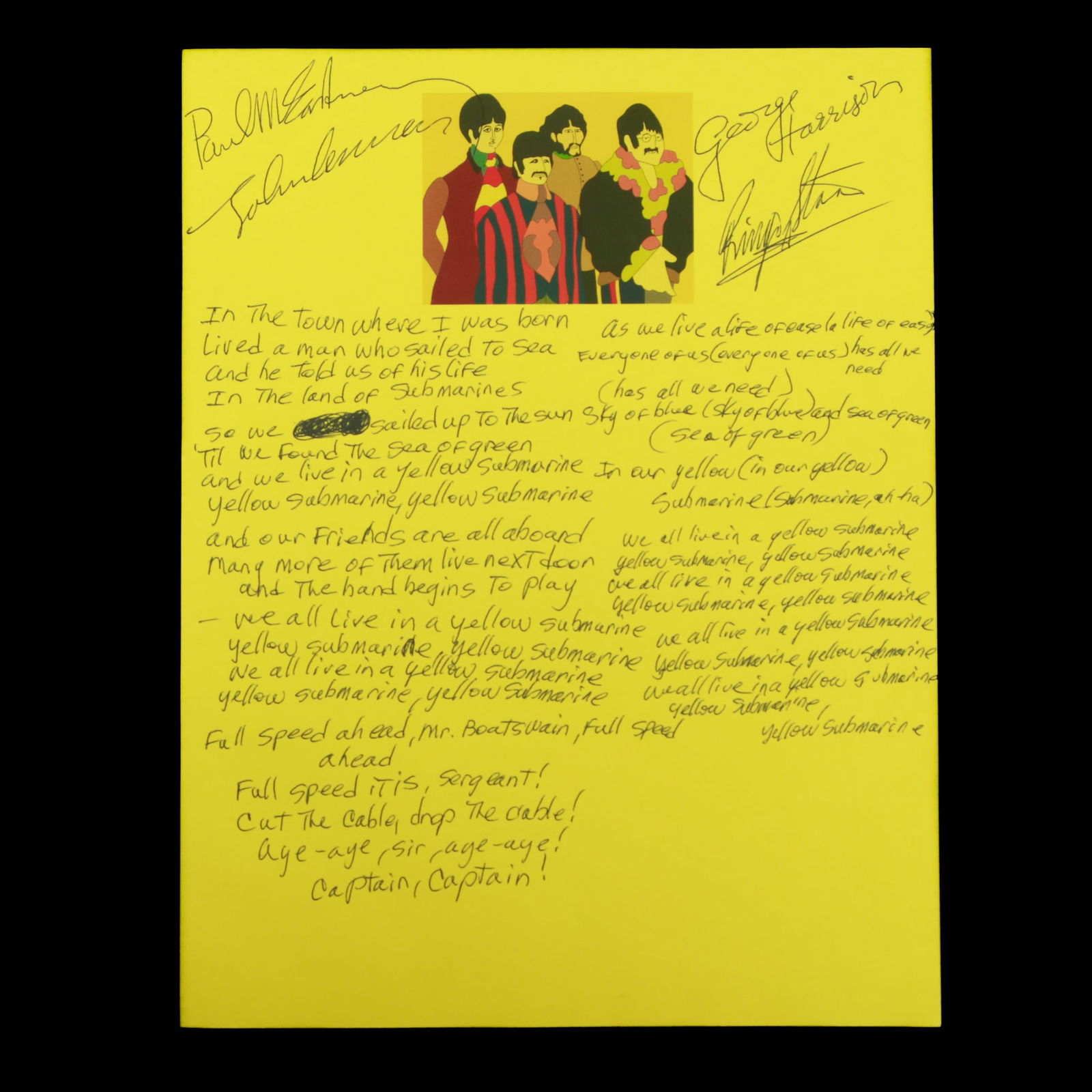 The Beatles Signed & Handwritten Lyrics to "Yellow Submarine"