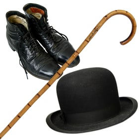 Charlie Chaplin Costume Props – Bowler Hat, Bamboo Cane & Boots, Forensically Authenticated