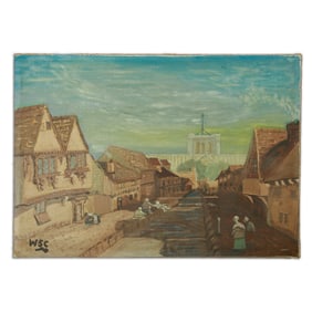 Sir Winston Spencer Churchill Painting – Rural Town Road with Pedestrians