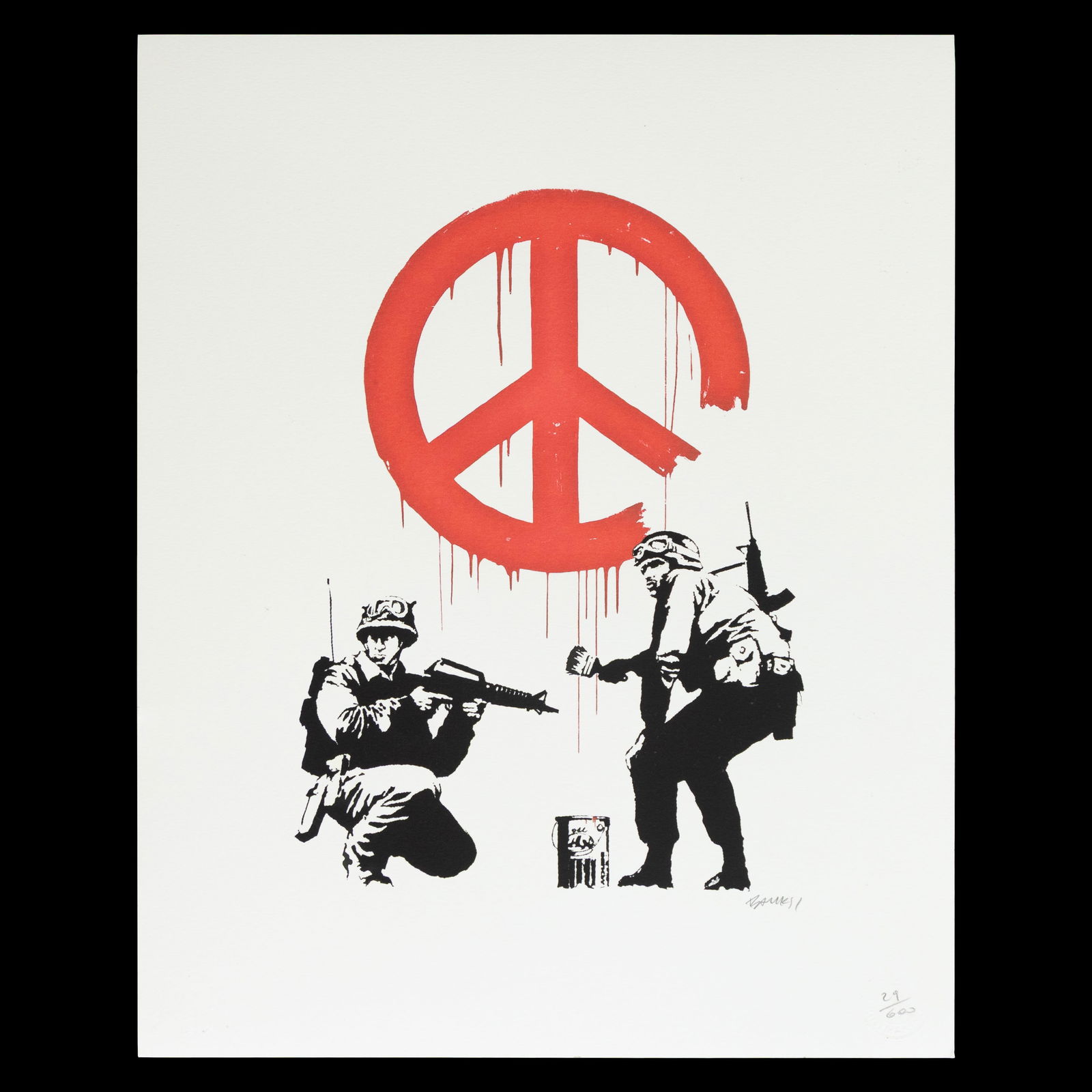 Banksy – CND Soldiers, 2005 Screenprint on Heavy-Grade Paper: Banksy – CND Soldiers, 2005 Medium: Screenprint on heavy-grade paper Dimensions:</. 19.75 x 15.75 in. Edition: 29/600 Signature: Banksy in pencil (bottom right) Additional Detail: Pressed seal with