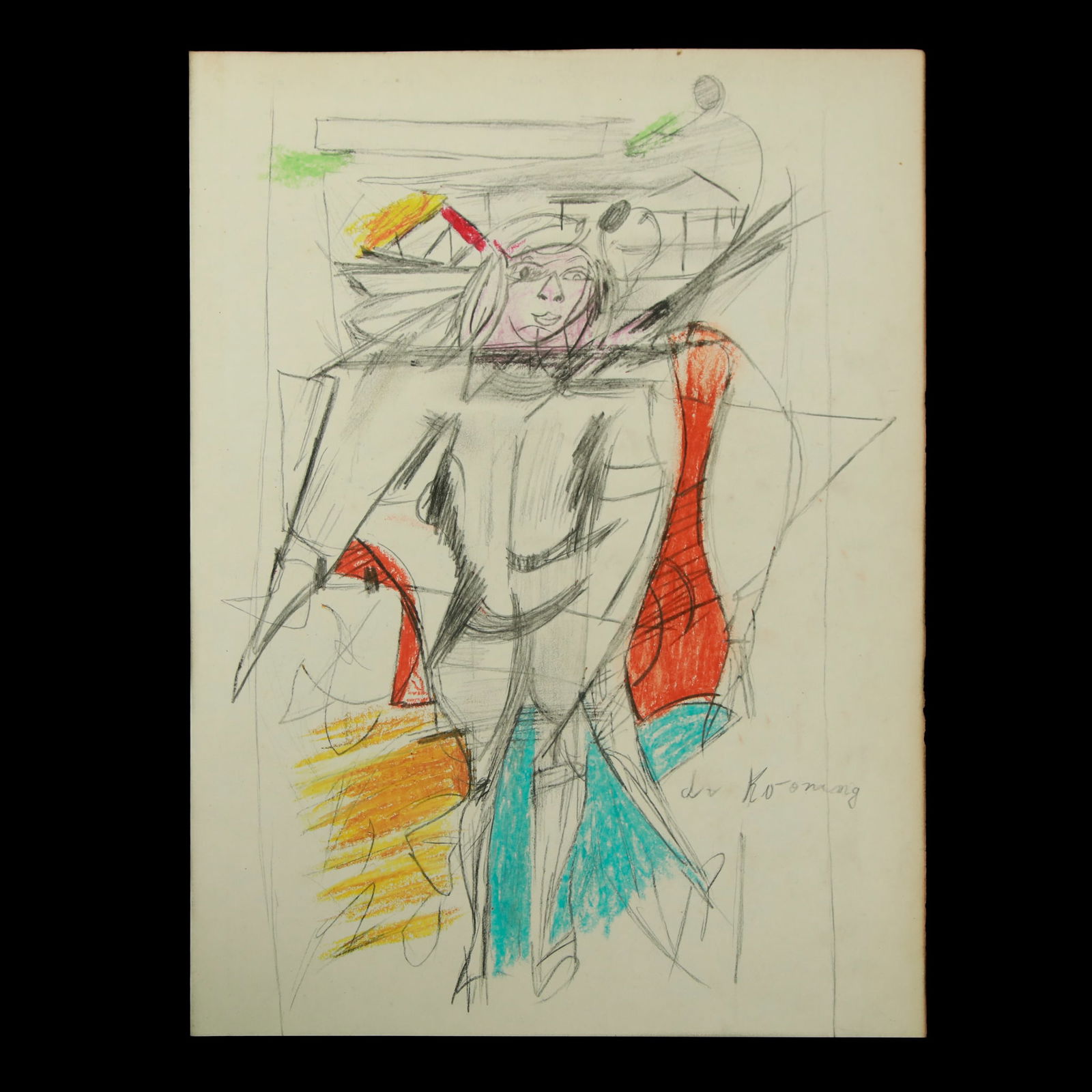 Willem de Kooning — Abstract Figure with Expressive Color, Mixed Media on Paper: Title: Attributed to Willem de Kooning — Abstract Figure with Expressive Color, Mixed Media on Paper, Custom Frame Description: Offered is a vibrant and dynamic mixed media work on paper attributed