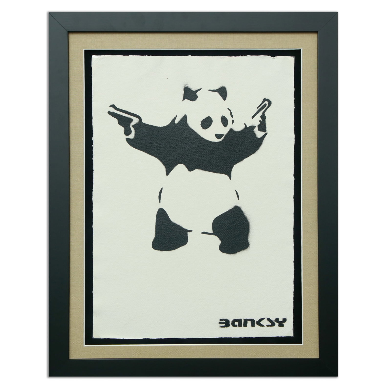 Banksy, "Panda with Guns": Banksy – “Panda with Guns” Medium: Heavy-grade handmade Japanese paper with natural deckle edge Image: Black on off-white Signature: “Banksy” in black, lower right Presentation: Muse