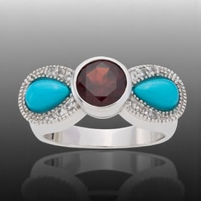 Sleeping Beauty Turquoise & Garnet Ring & White Topaz - Size 8