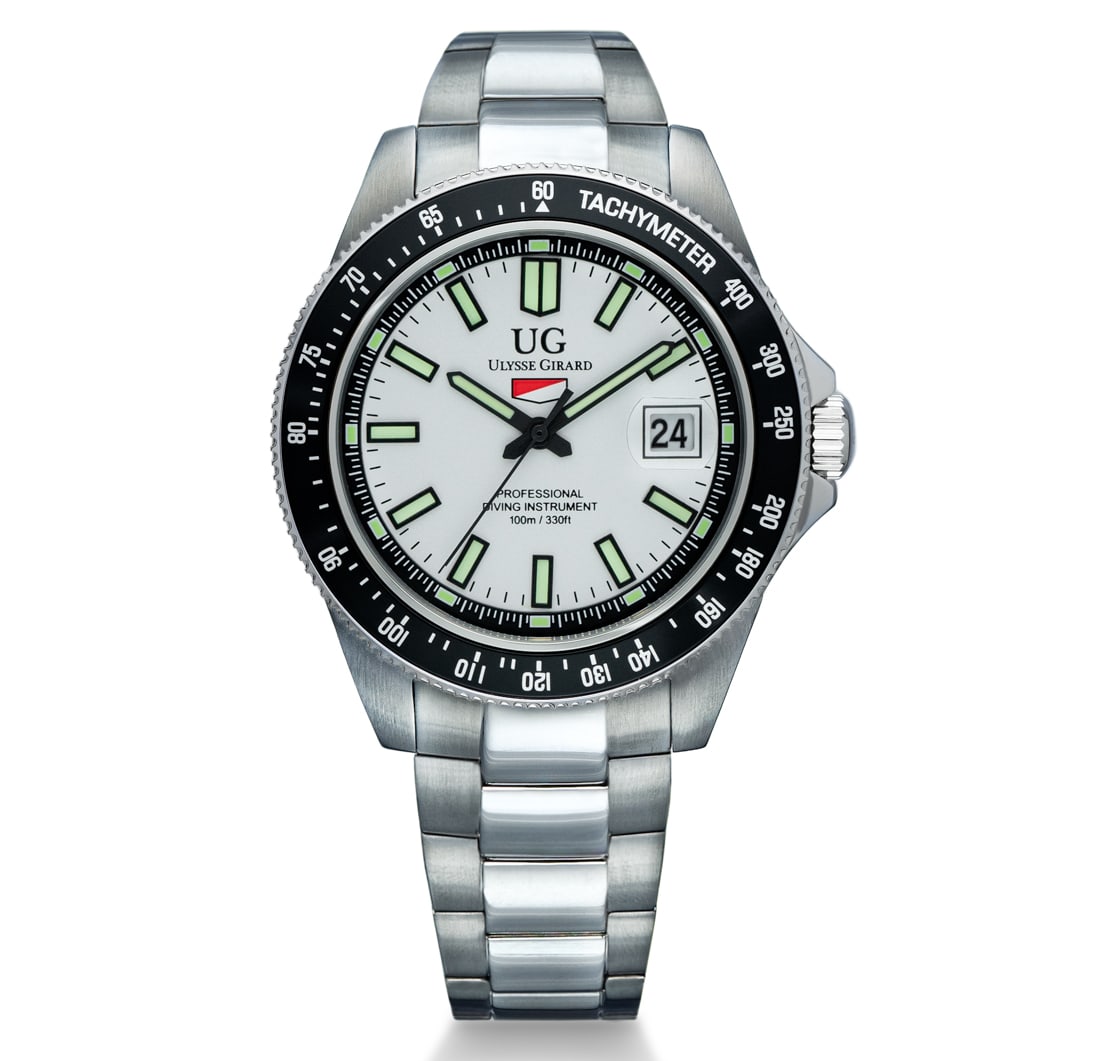 Ulysee Girard - Marlin Collection - Silver Dial & Black Bezel: Engineered for precision and endurance, the Ulysse Girard Marlin Collection combines classic dive-watch styling with professional functionality. Featuring a stainless-steel case, tachymeter bezel, & l