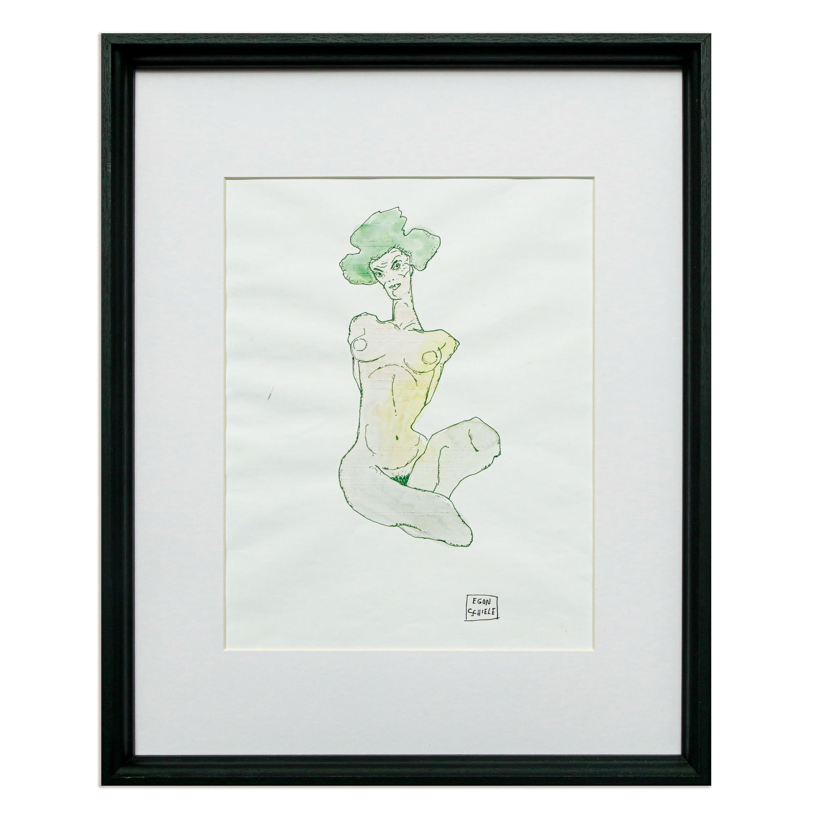 Egon Schiele, Nude Study with Watercolor: Title: Egon Schiele Mixed Media Artwork - Nude Study with Watercolor Accents Item Details: Artwork Type: Print augmented with Watercolor on Paper- Signature: Features the authenticated signature of "E