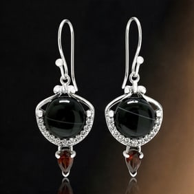 Tuxedo Agate, Garnet and White Topaz Sterling Silver Earrings