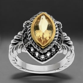 Marquise Shape Citrine & White Topaz Silver Ring SZ 7.25