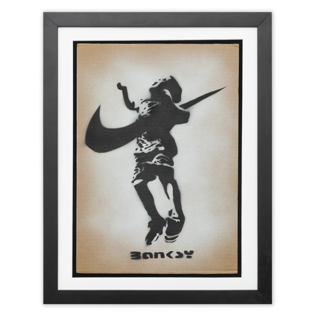 Banksy, "Leap and Loss" – Cardboard Art: Title: Provocative “After Banksy” Cardboard Art Composition Title: “Leap and Loss” Artist: After Banksy Description: Presented at auction is a gripping and thought-provoking cardboard