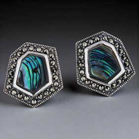 Modern Abalone Sterling Silver Earrings with Marcasite accents
