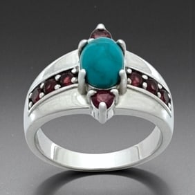Sterling Silver Turquoise and Garnet Ring Size 7